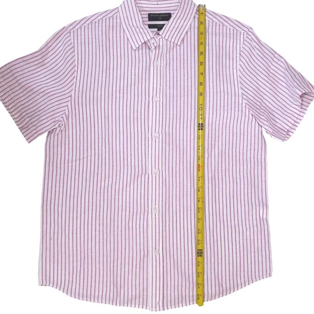 Banana Republic Slim Fit Linen Cotton Shirt Mens M Striped Pink White Preppy